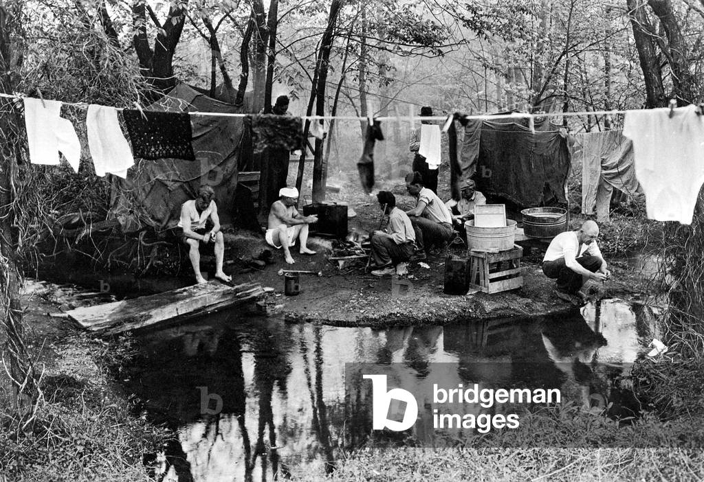 A group of workers in a logging camp near New York, USA, 1936 (b/w photo)