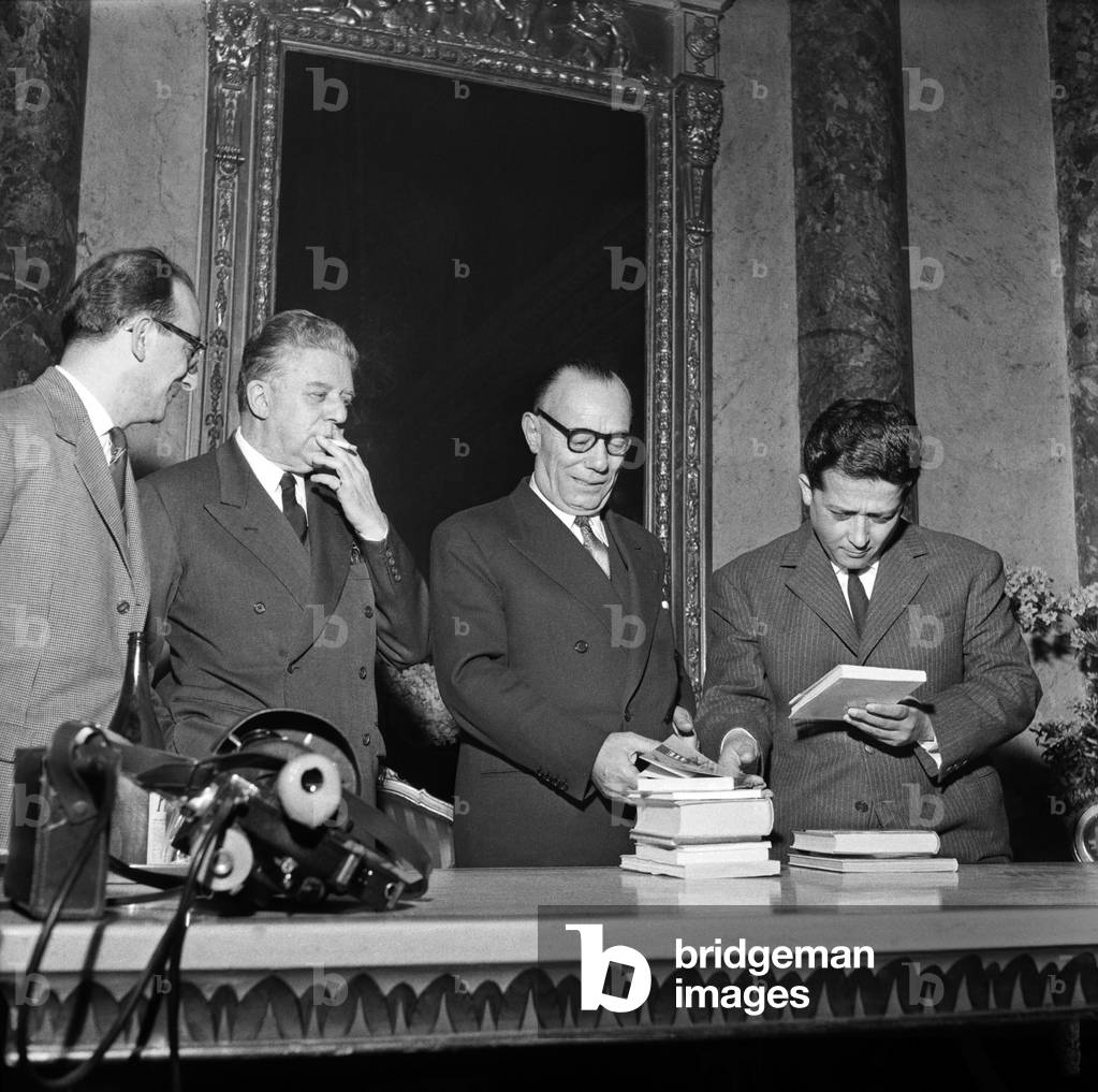 Alfredo Rizzadri, Eugenio Montale, Cino Del Duca and Stefano D’Arrigo at the Foundation Del Duca awards. Serbelloni Palace, Milan, 1959 (b/w photo)