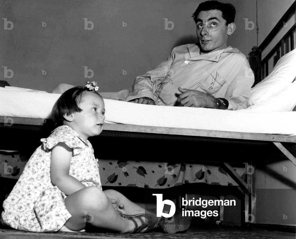 Fausto Coppi with his daughter Marina, 1950 (b/w photo)