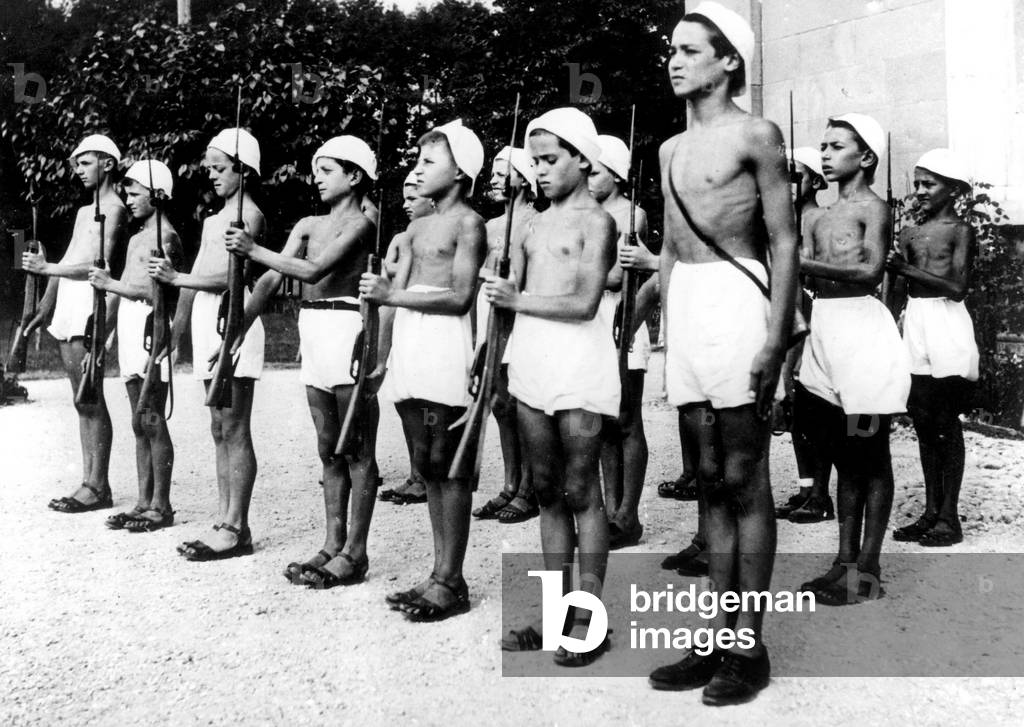 Military education course for young adolescents of the Fascist Youth, Monza, Italy 1939 (b/w photo)