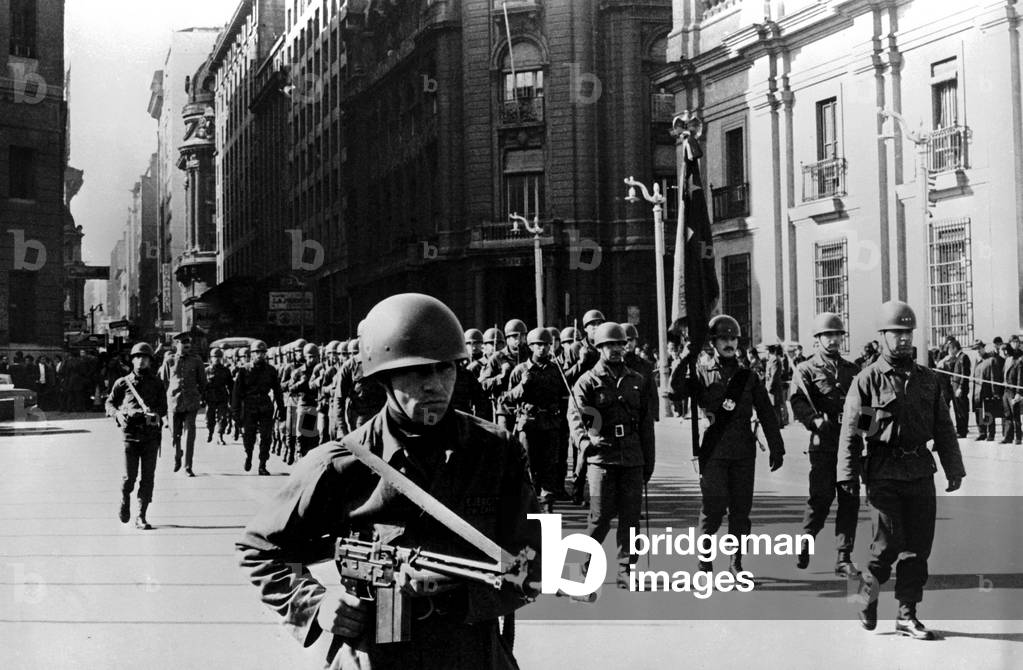 Soldiers during a far right demonstration, Santiago, Chile, 1973 (b/w photo)