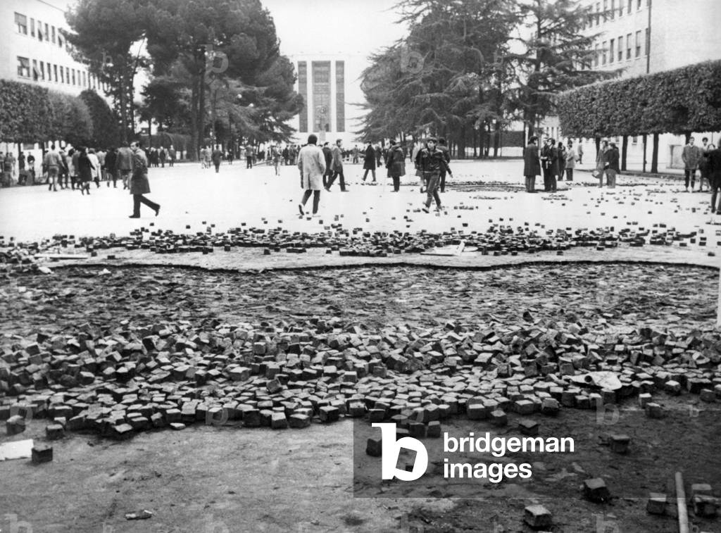 One of the streets near the University of Rome during the student demonstrations, Rome, 1969 (b/w photo)