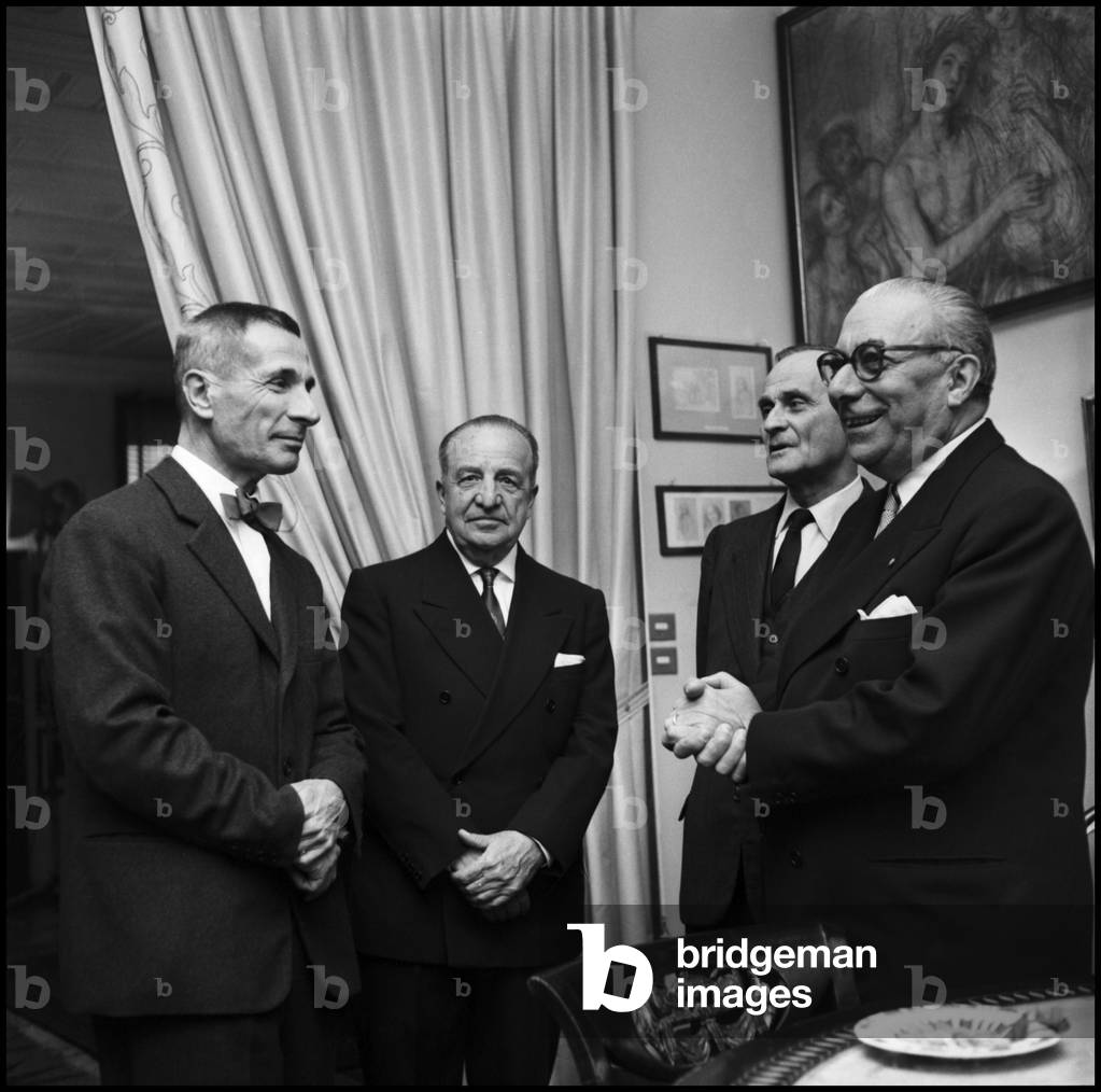 Dino Buzzati, Aldo Palazzeschi, Marino Moretti and Arnoldo Mondadori at the party at Mondadori publisher, Milan, 1958 (b/w photo)