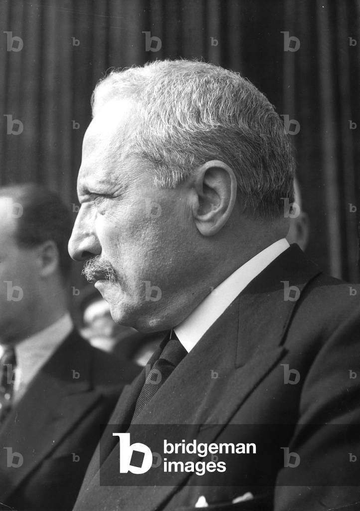 Enrico De Nicola at a trade fair in Milan, 1949 (b/w photo)