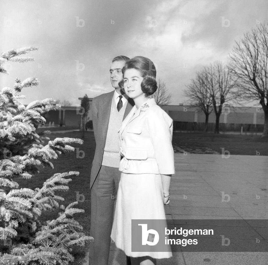 Prince Juan Carlos of Spain and his wife Sofia of Greece at Zarzuela Palace, Madrid, 1964 (b/w photo)