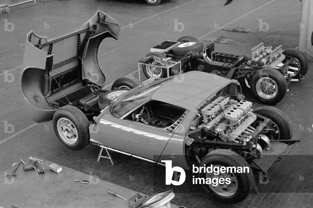Lamborghini factory, Sant'Agata Bolognese, Italy, 1964 (b/w photo)
