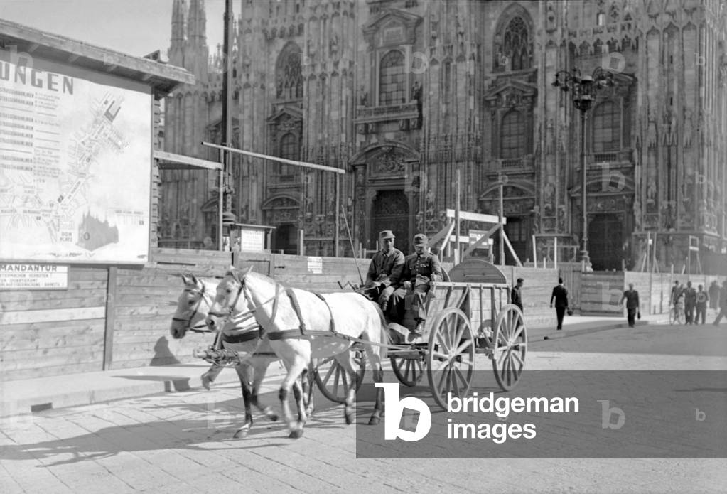 German occupying forces in Duomo Cathedral square, Milan, 1944 (b/w photo)