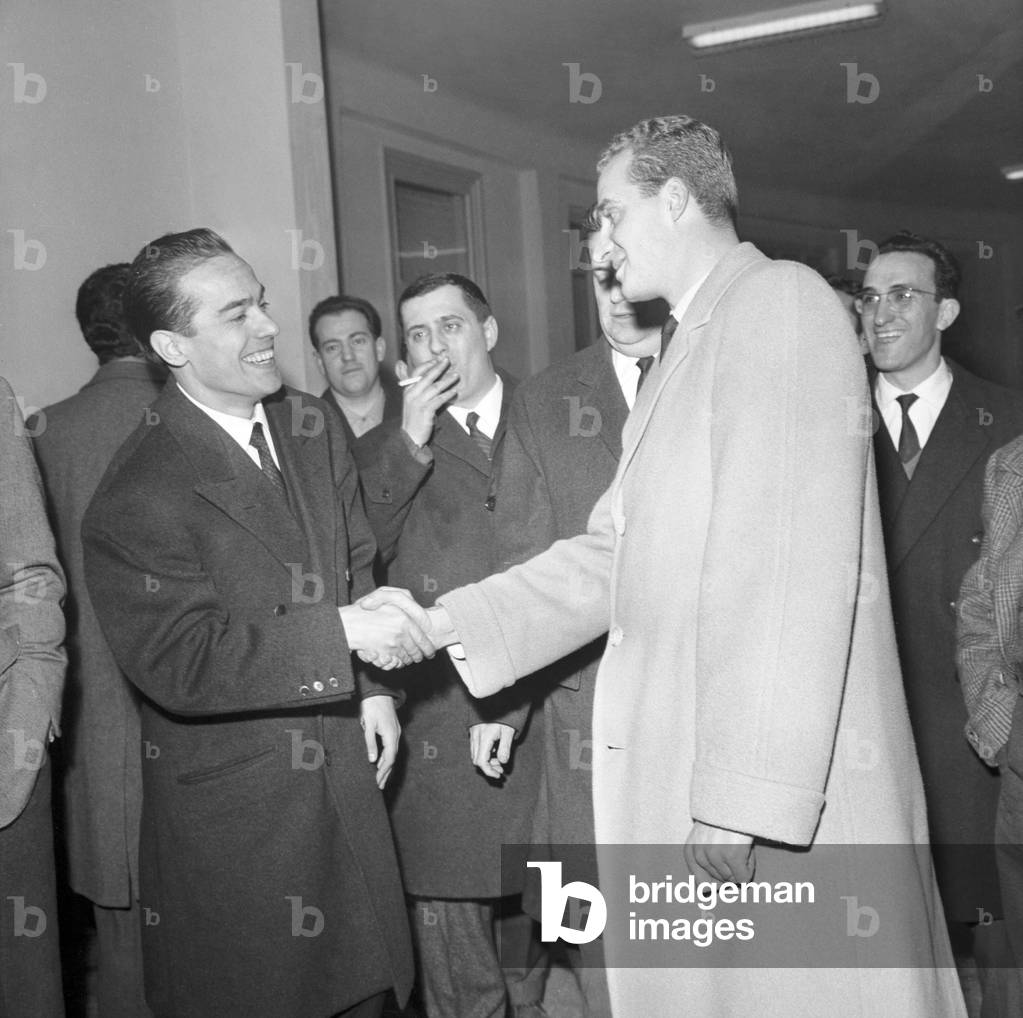 Prince Juan Carlos of Spain with football player Luis Suarez, Milan, 1964 (b/w photo)
