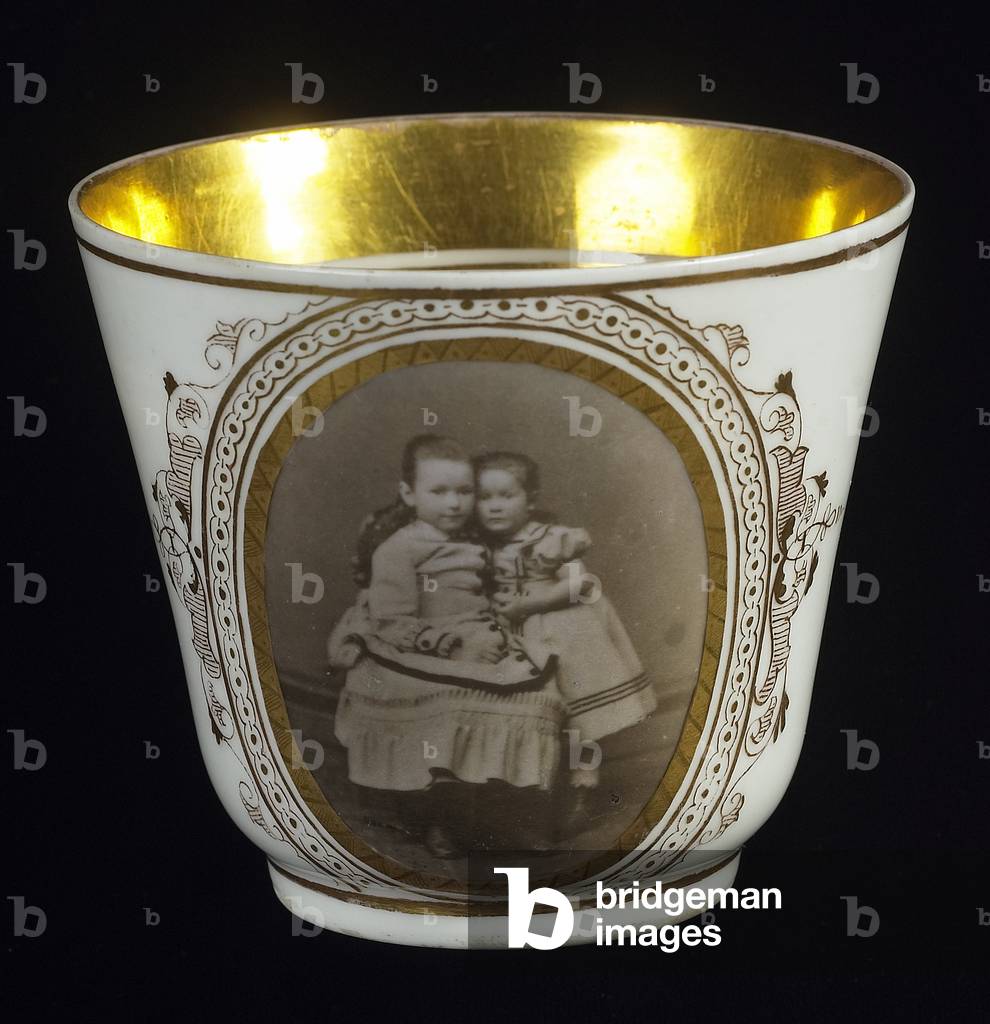 Cup: Portrait of two young girls, late 1880s (carbon transfer print on porcelain with gold leaf)