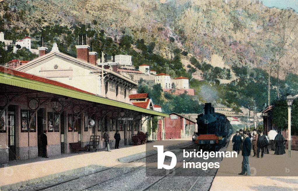 Railway station, Beaulieu sur Mer, 1905 (coloured photo)