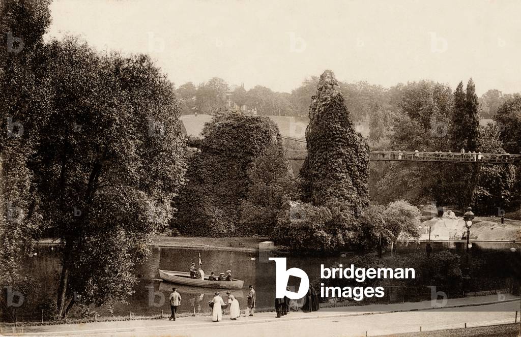 The Bridge, Lake and Rocks at the Buttes Chaumont, Paris, 1890 (b/w photo)