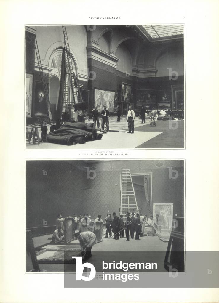 Page from the Figaro Illustré showing the hanging of the Salon des Artistes Francais at the Grand Palais, Paris, May 1902 (litho)