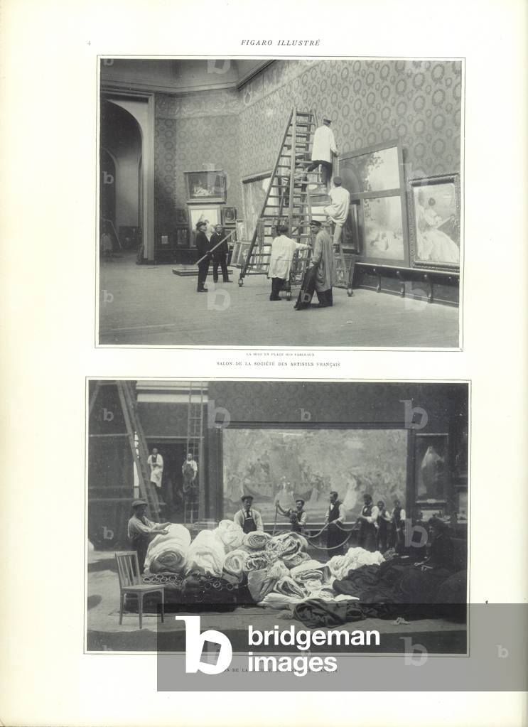 Page from the Figaro Illustré showing the hanging of the Salon des Artistes Francais at the Grand Palais, Paris, May 1902 (litho)