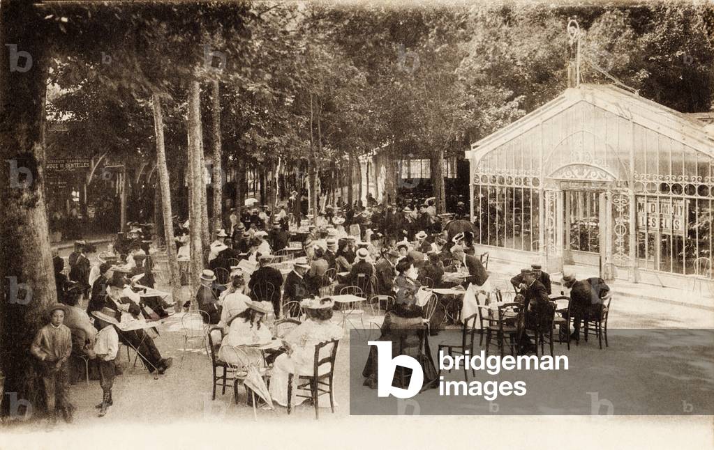 The terrace of the Cafe du Casino, Le Mont Dore, France, 1880 (b/w photo)