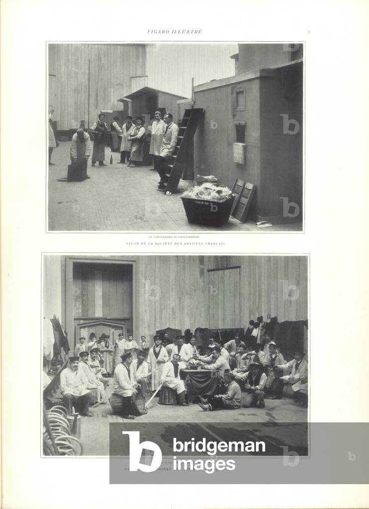 Page from the Figaro Illustré showing the photography lab and refectory at the Grand Palais for the Salon des Artistes Francais, Paris, May 1902 (litho)