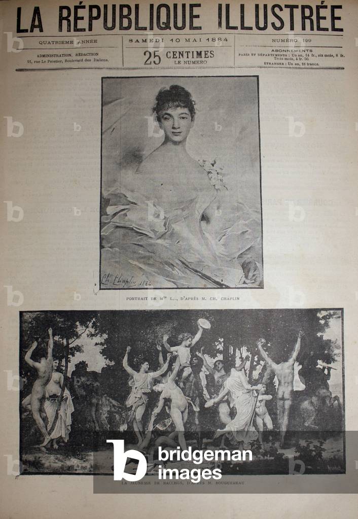 Portrait of Mlle L, after Charles Chaplin, and The Youth of Bacchus after William Bouguereau, from 'La République Illustrée', 10 May 1884 (litho)