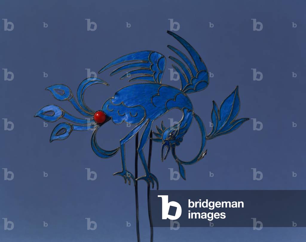 1978-4 Decorative hair slide in the shape of an exotic bird, Chinese, 19th century (silver, enamel)