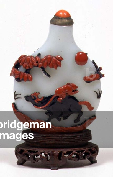 H3641 White Glass Snuff Bottle with Cornelian decoration, depicting a Buffalo with a Man on its Back, Chinese, 18th century