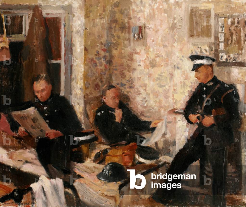 First Aid Post, with three St John Ambulance Brigade men in domestic interior, c.1940 (oil on canvas)