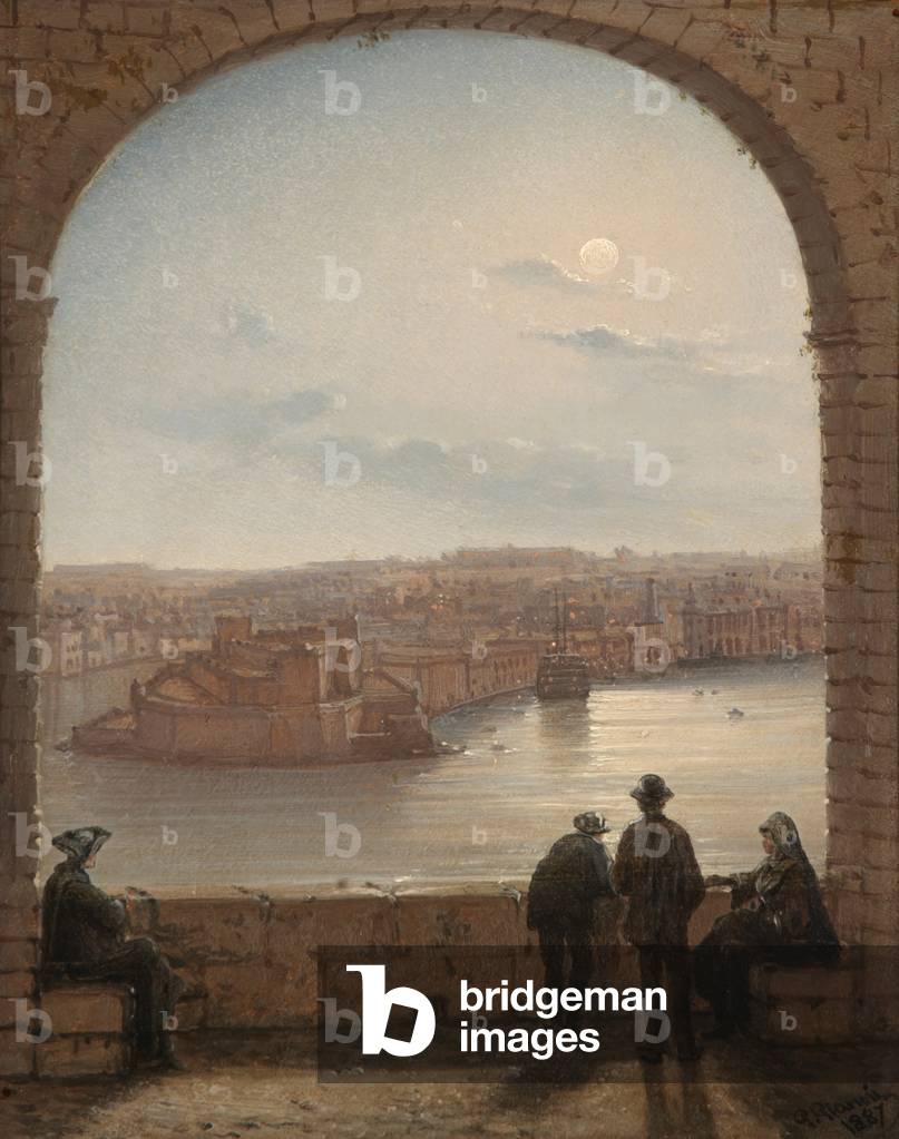 A Moonlit View of Fort St Angelo, Valletta, 1887 (oil on panel)