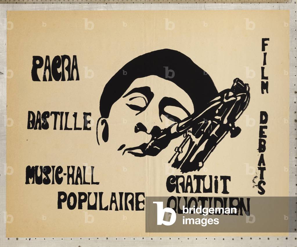 France - Poster May 1968 - Poster, France, May 68: Pacra Bastille music hall popular free daily (face of saxophonist). Serigraphy 46 x 59 cm