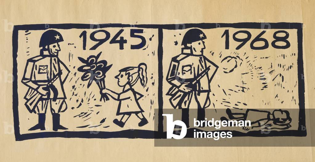 France - Poster May 1968 - Poster, France, May 68: Vietnam War, comparison between the reception given to the GIs in 1945, a little girl offers a bouquet to the liberator and denunciation of their crimes in 1968 with a little girl who died at the foot of the soldier.