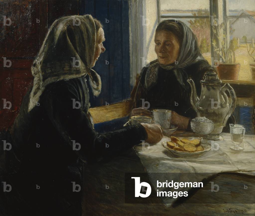Two women drinking coffee (oil on canvas) 
