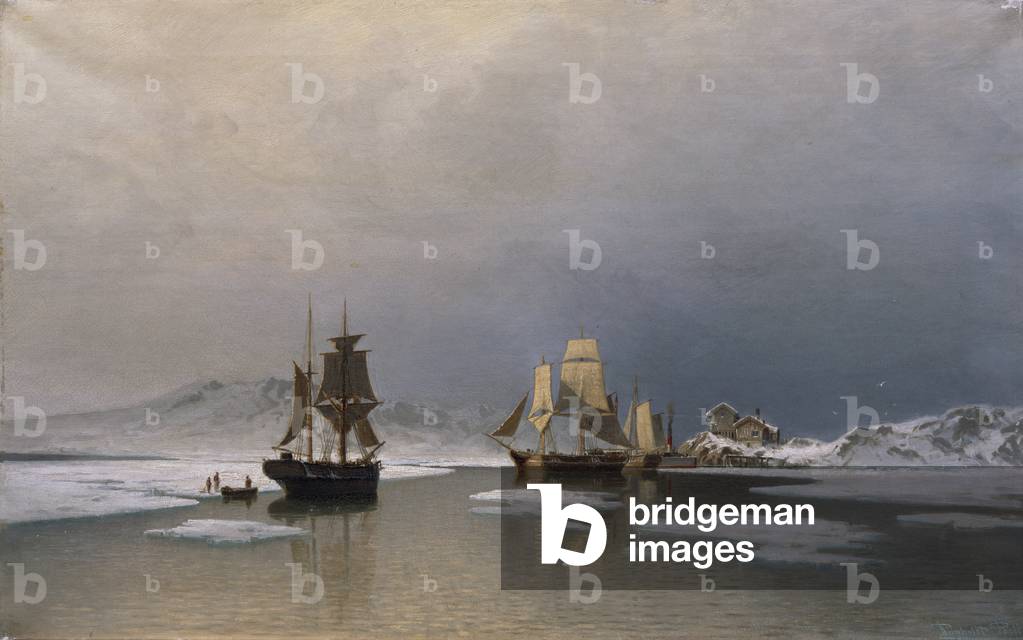 Sailing ships on frozen fjord (oil on canvas) 