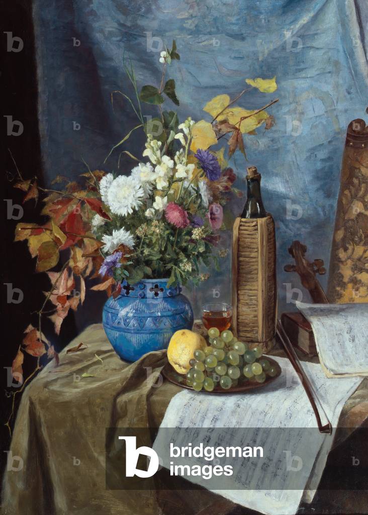 Arrangement with wine bottle, flowers and fruit, 1890