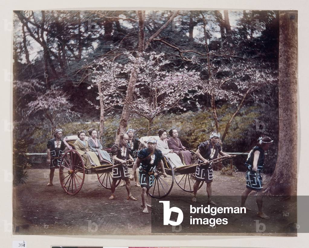2 Rickshaws with Four Women and Rickshaw Coolies, 1879-85 (hand coloured photo)