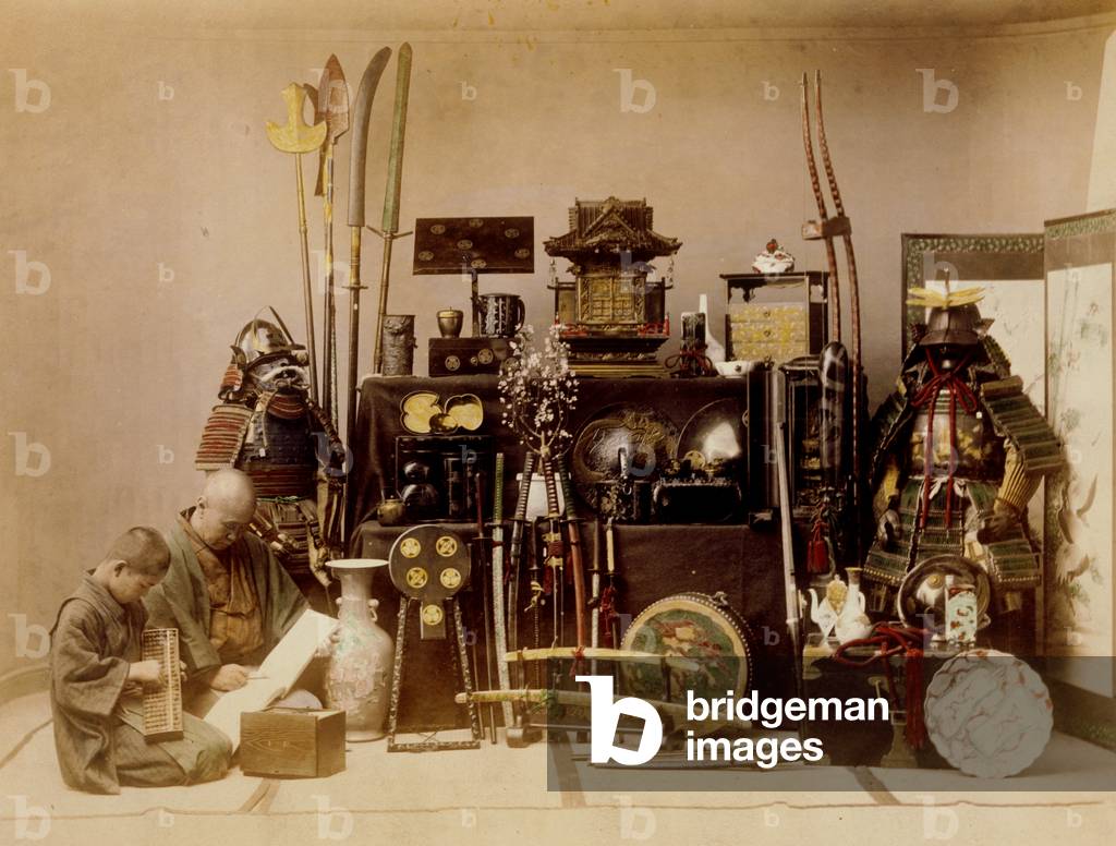 Master and apprentice with Abacus with Armor, Swords and Japanese Curios, 1885-1900