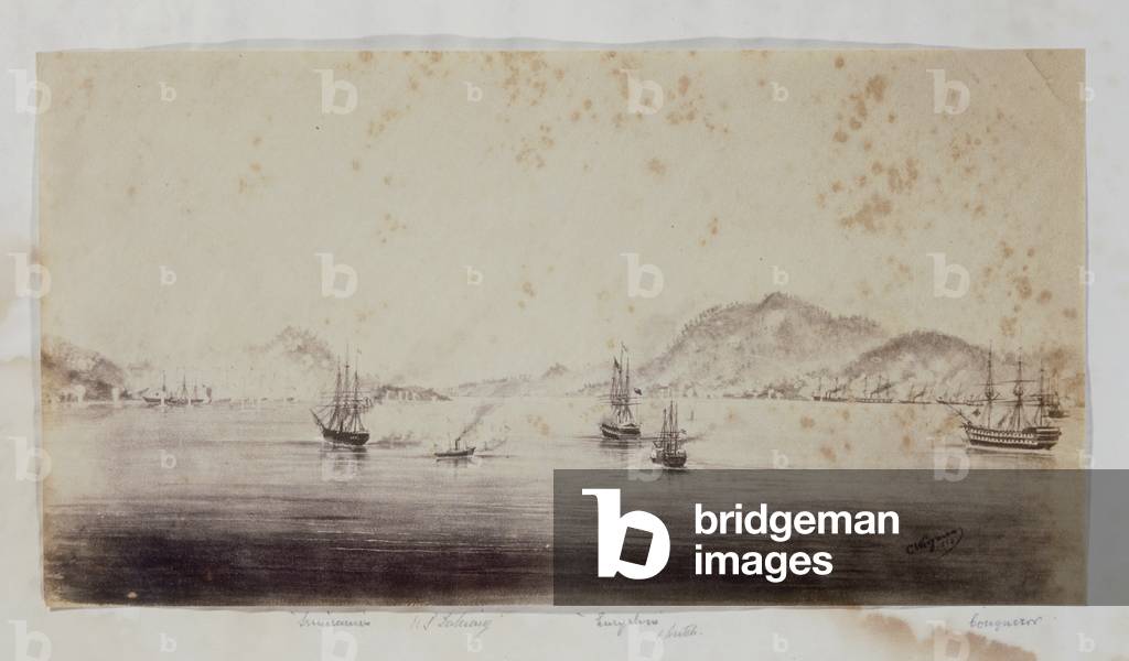 The Combined English, Dutch, French Fleets Fighting Chosiu's Batteries at Shimonoseki, 1864 (albumen print of original drawing)