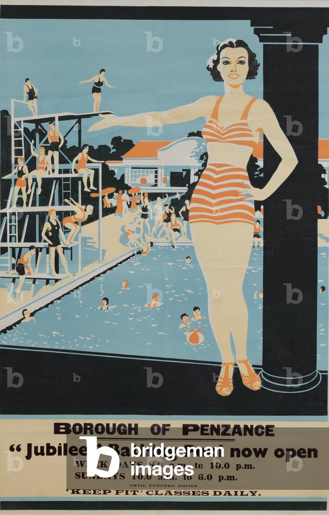Poster advertising the Borough of Penzance Jubilee Bathing Pool, c.1935-39 (litho)