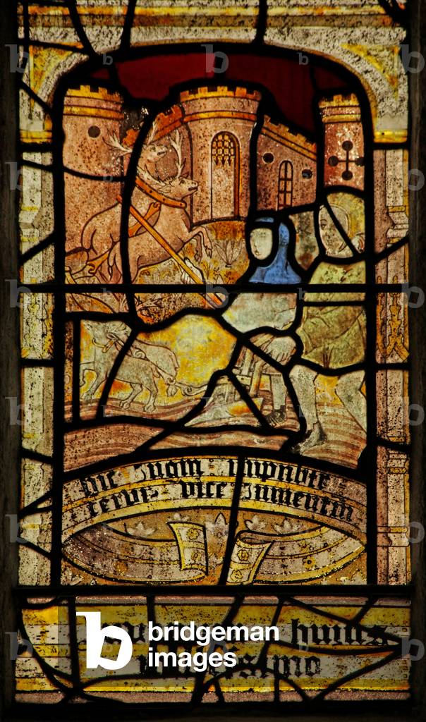 Window n5 depicting St Neot ploughing with the help of stags (stained glass)