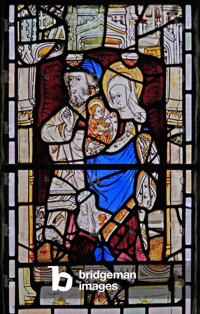 Window Ew depicting St Anne, Joachim, the Virgin Mary and the Christ Child (stained glass)