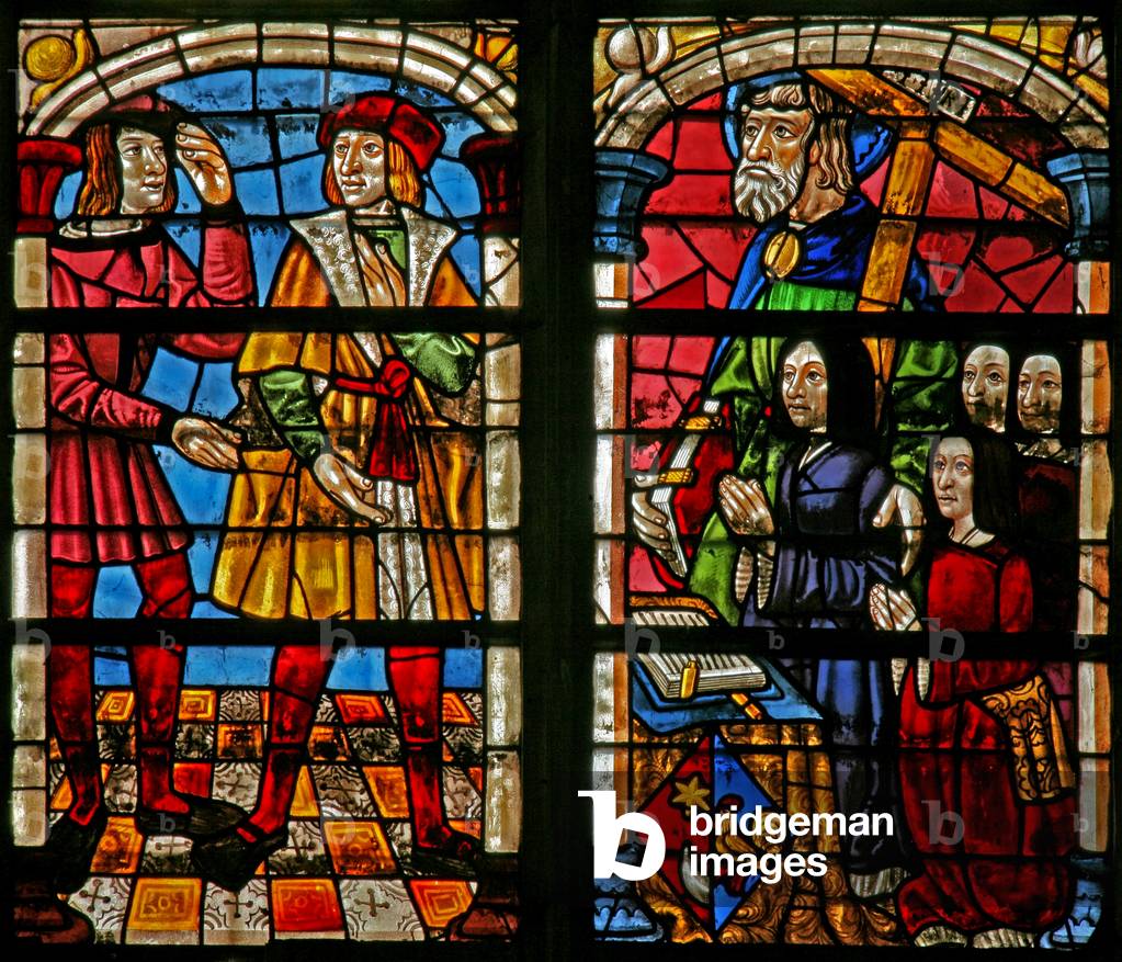 Window w232 depicting a scene from the Prodigal Son story: the anger of the elder brother; donor's wife, daughters, St Simon (stained glass)