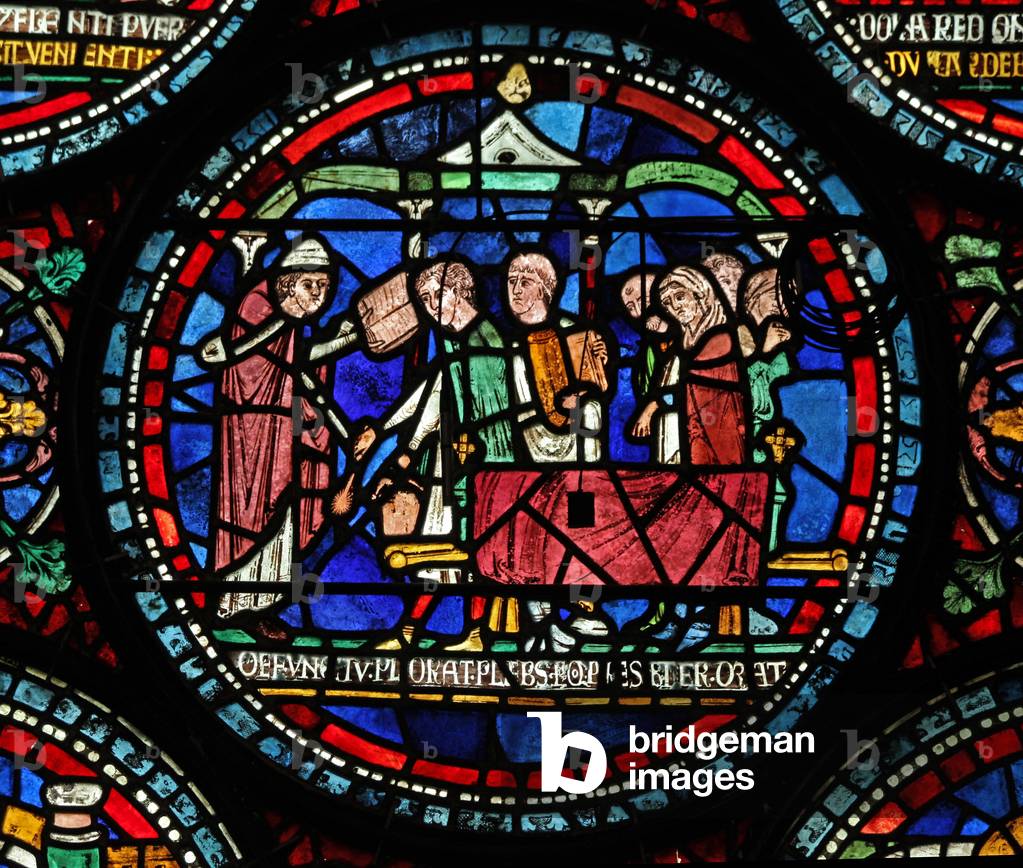 Window s6 depicting a scene from a St Thomas Becket Miracle window: Gilbert de Brun (?) funeral (stained glass)