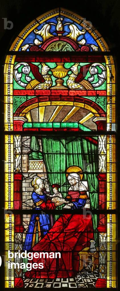 Window w3 depicting the Birth of the Virgin Mary (stained glass)