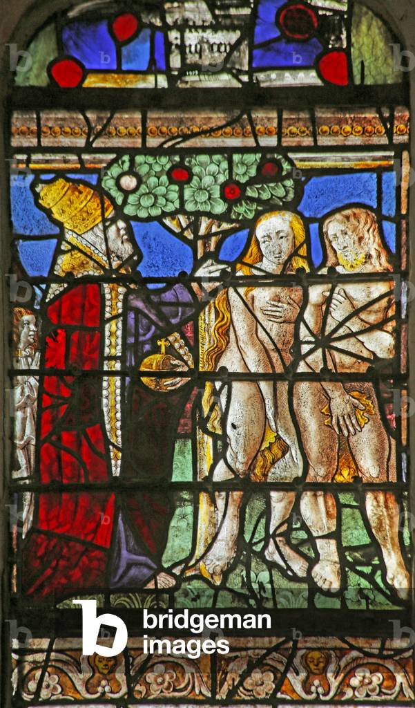 Window depicting Adam and Eve admonished for eating fruit of the Tree of Knowledge (stained glass)