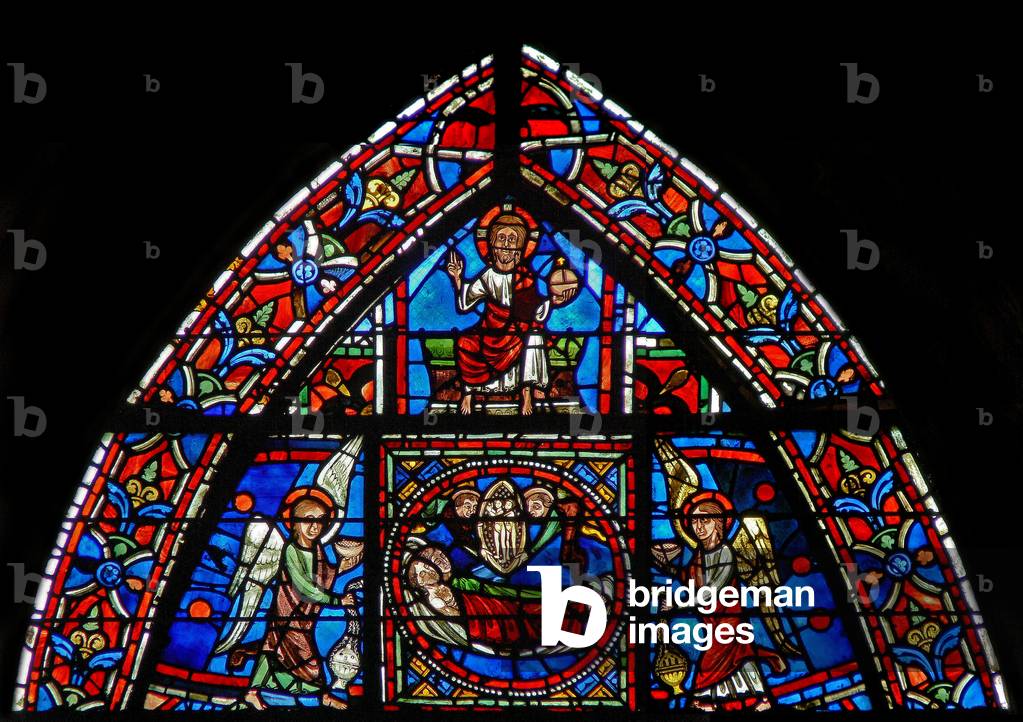 Window w23 depicting St Julian Hospitalier and his wife die and go to heaven (stained glass)
