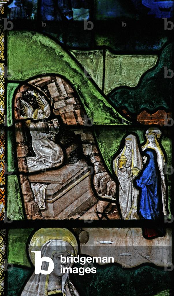 Window s3 depicting a Resurrection scene: the Holy Women at the Tomb (stained glass)