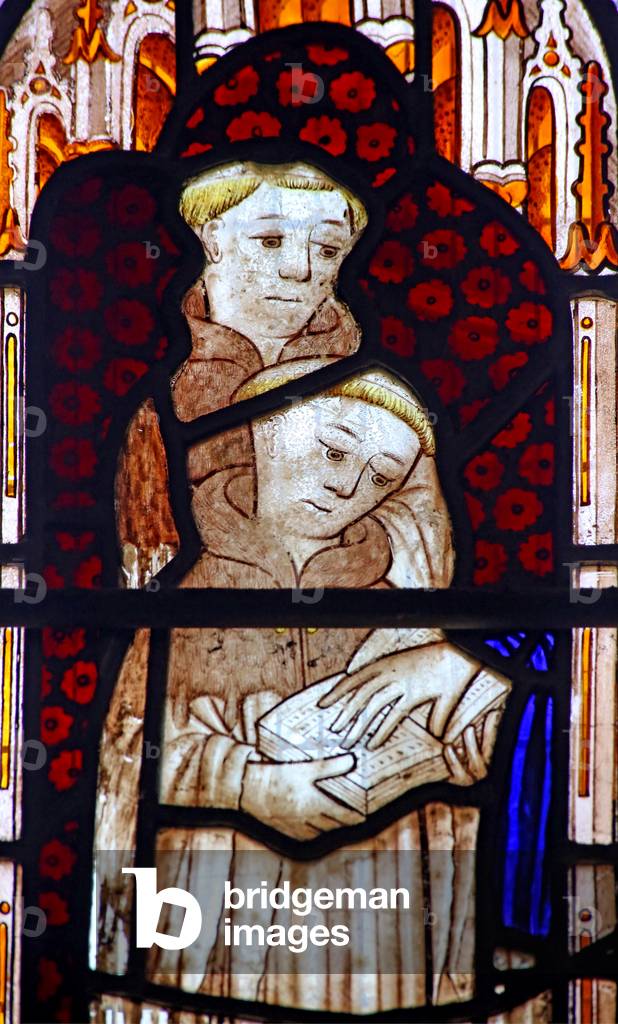 Window w2 depicting clerics (2 or 3?) Consulting a book (stained glass)