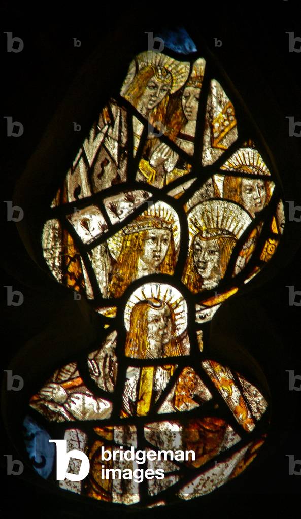 Window S2 depicting St Ursula and some of the 11,000 virgin martyrs (stained glass)