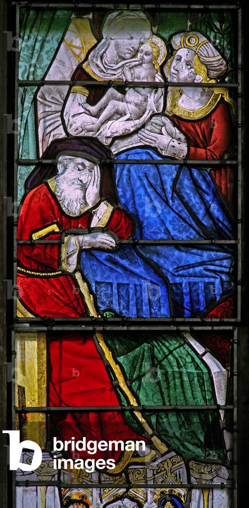 Window w3 depicting a scene from the Life of the Virgin Mary - her birth; Joachim sleeps(stained glass)