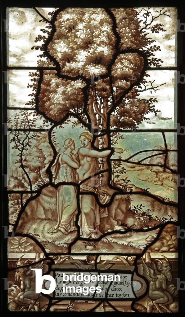 Panel 29 of the story of Psyche and Cupid: For her second task Psyche is shown by Venus a flock of sheep with golden fleeces. She is told to retrive several strands. (stained glass)