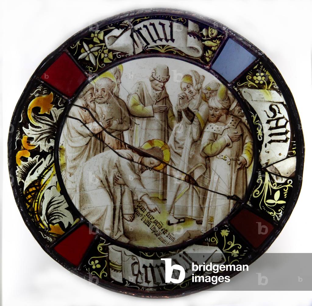 Window w79 depicting Christ and the Woman Taken in Adultery (stained glass)