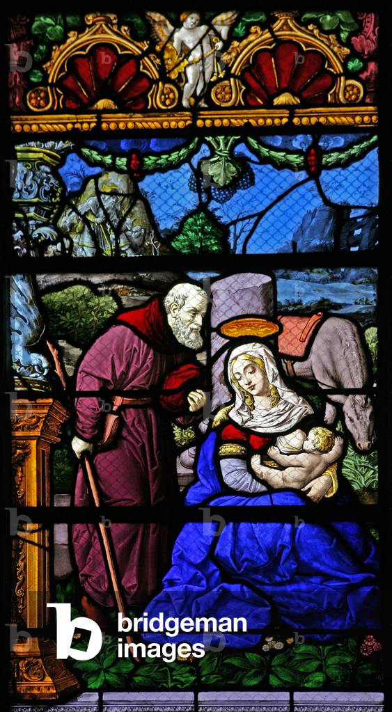 Window w21 depicting Mary and Joseph resting on the Flight into Egypt (modern)(stained glass)