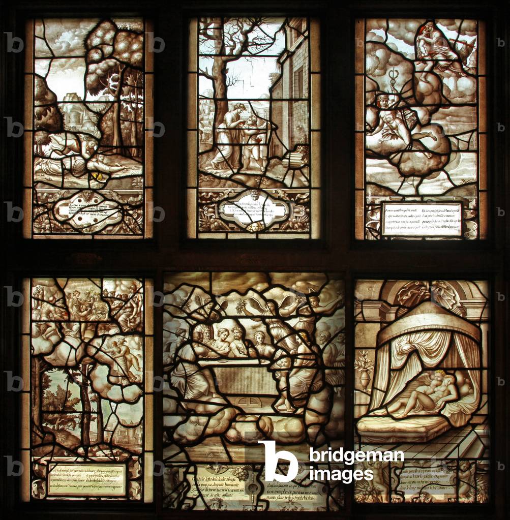 Window 7 of the story of Psyche and Cupid: Panels 37-42 in the Gallerie de Psyche (stained glass)