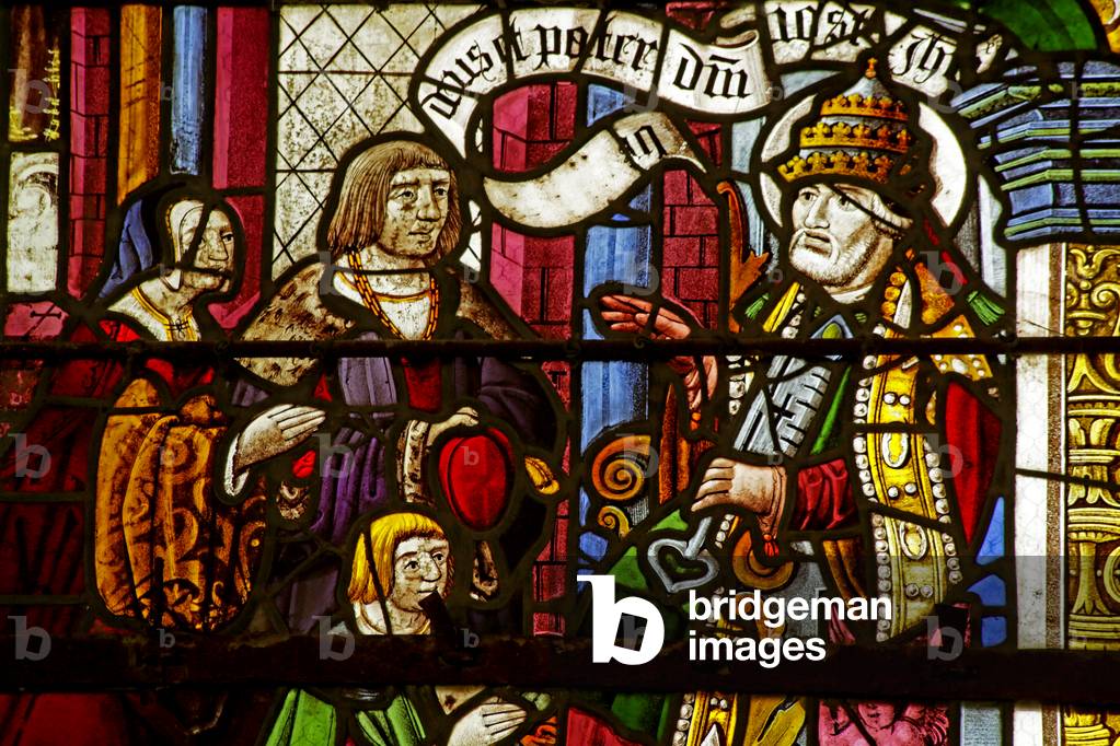 Window depicting Saint Peter  as Pope receiving Donors (stained glass)