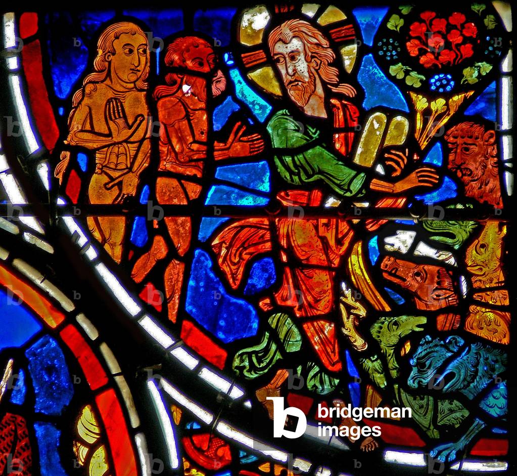Window w13 depicting Adam and Eve are given dominion over the Earth (stained glass)